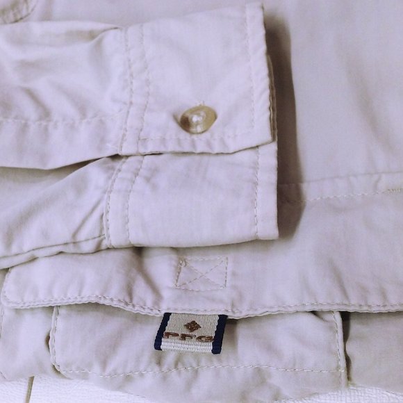 Vintage 90s Columbia PFG Shirt OmniShade Mens-M Pockets LSL Nylon Beige - Picture 6 of 10